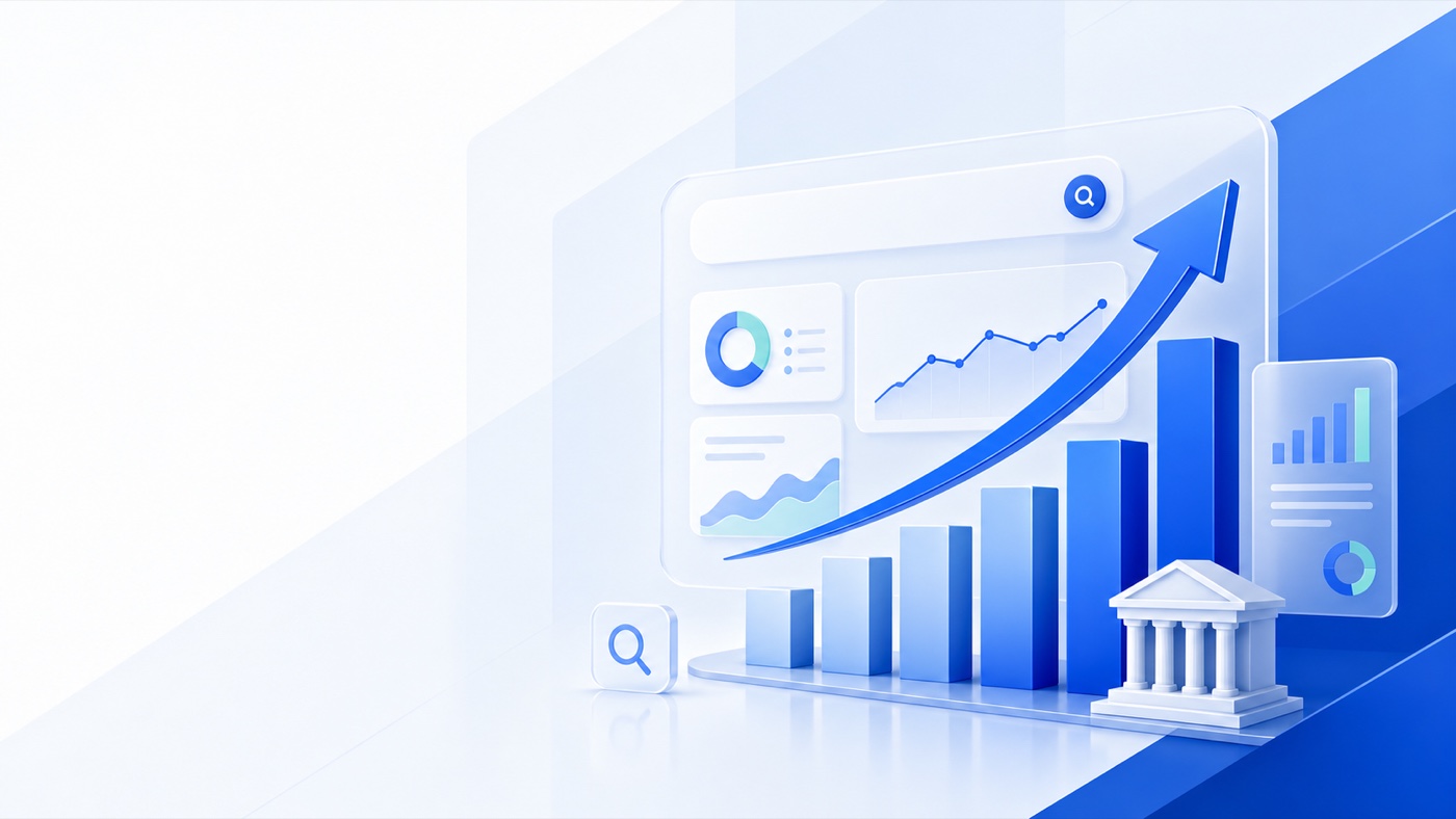Marketing insights growth dashboard with an upward trend chart and law firm analytics illustration