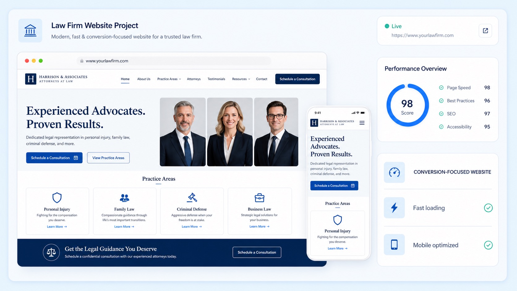 Responsive law firm website dashboard showing conversion-focused website performance