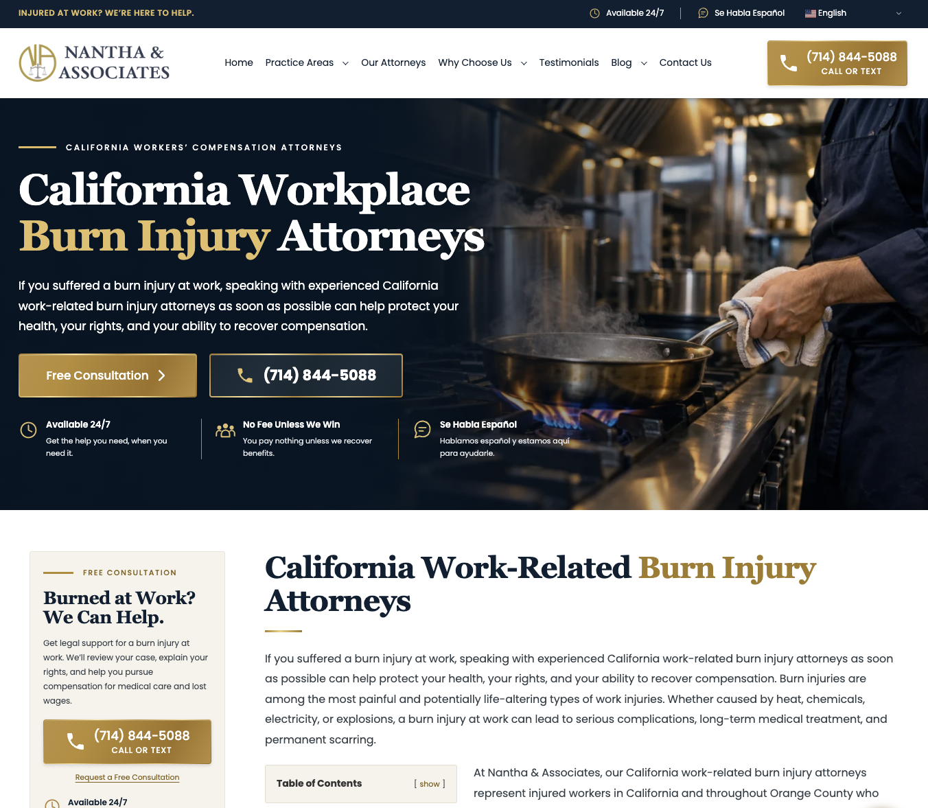 Nantha & Associates workplace burn injury page after the website redesign