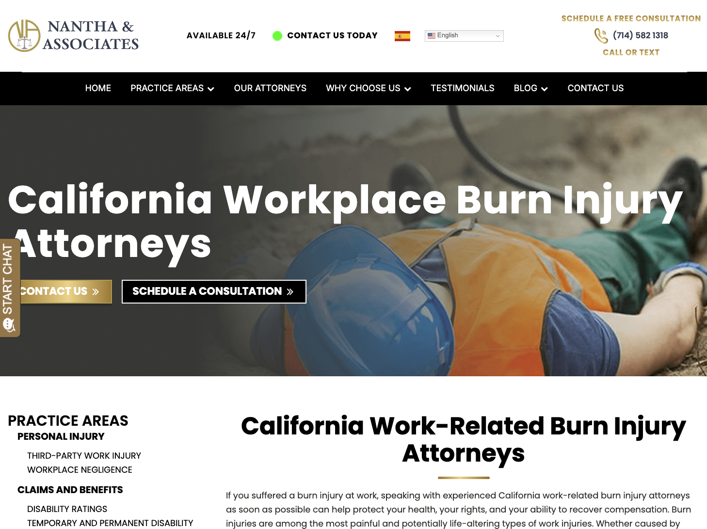 Nantha & Associates workplace burn injury page before the website redesign