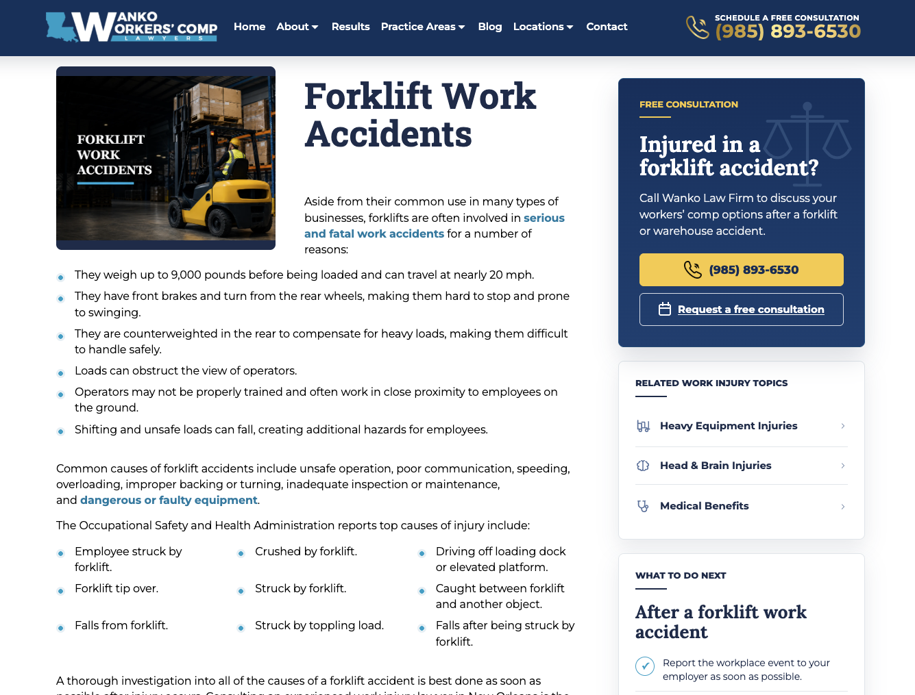 Wanko forklift work accidents page after the website redesign